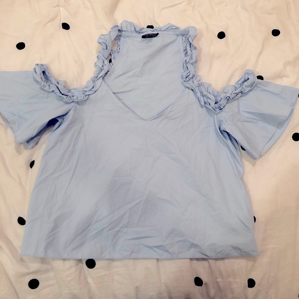 Light Blue Cold Shoulder Ruffle Top - Picture 6 of 8